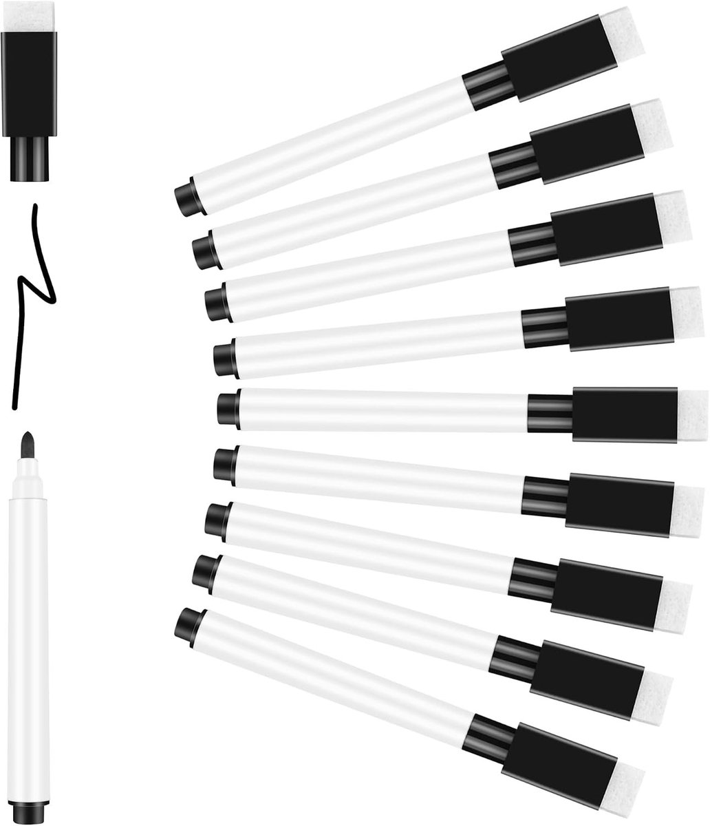 Whiteboardfolie - Zwarte Whiteboard Marker - 11,3 x 1 cm - Uitwisbare Droge Stift met Magneetdop - Voor School, Thuis en Kantoor