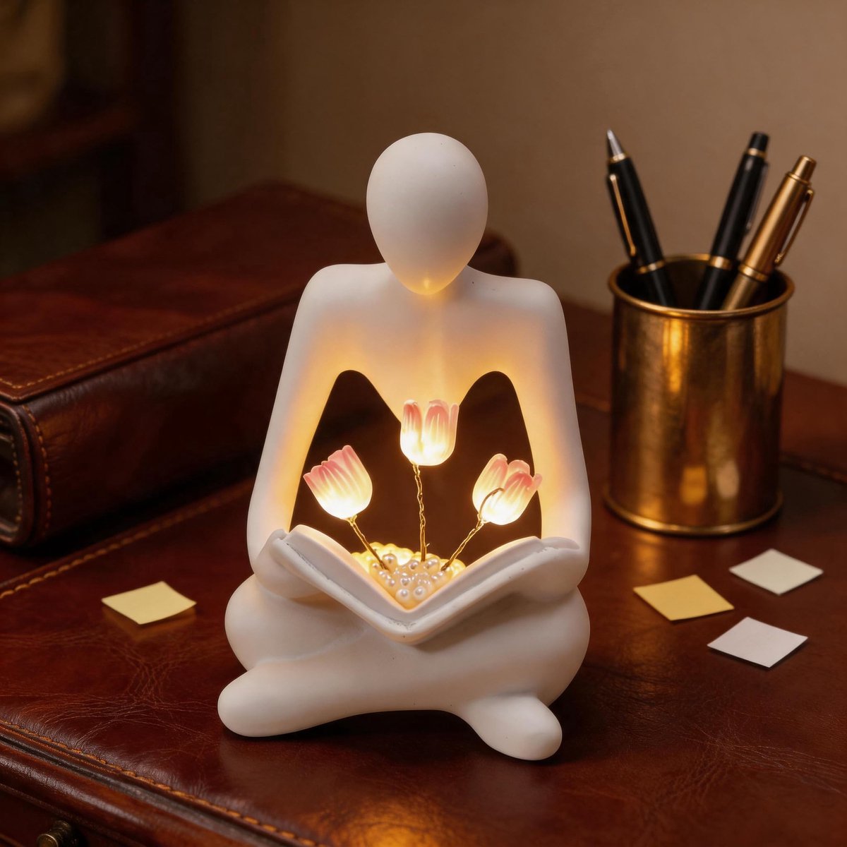 Ryoudavell - Boekenkast Decoratie Denker Standbeeld met Tulpenlamp - 12cm -Batterijgevoed Nachtlampje - Bibliotheeklantaarn - Decoratieve boekenplankverlichting - LED - voor Thuis Woonkamer Slaapkamer Kantoor Tafel Bureau Boekenkast Decor