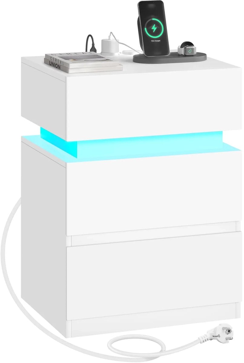 Klarven® Nachtkastje Wit - LED Verlichting met 25 Kleuren en Bluetooth, Stopcontact met 2 USB Poorten - 2 Laden en Klepvak, Modern Design - B 40 x D 35 x H 55 cm