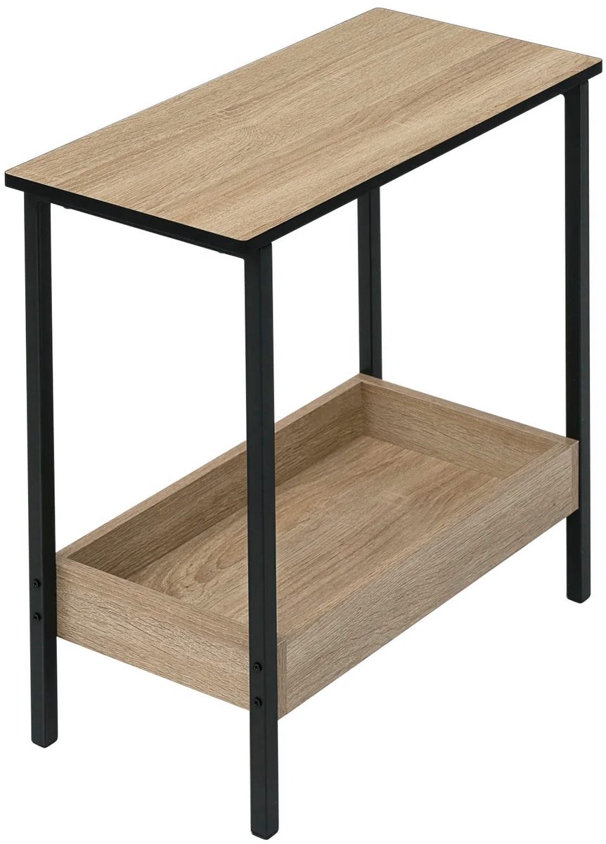 Klarven® Bijzettafel Lichteiken - Twee Opbergvakken voor Bank en Woonkamer, Waterbestendig Blad - Stabiel Metalen Frame, 20 kg Draagvermogen - B 50 x D 25 x H 55 cm