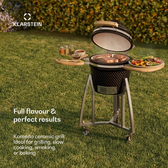 Klarstein Queensize kamado grill - om te grillen, slow cooking, roken of bakken, afneembare zijpanelen, materialen: keramiek, roestvrij staal, bamboe, thermometer van 0-450 °C, 3 wielen, zwart van Klarstein — afbeelding 5
