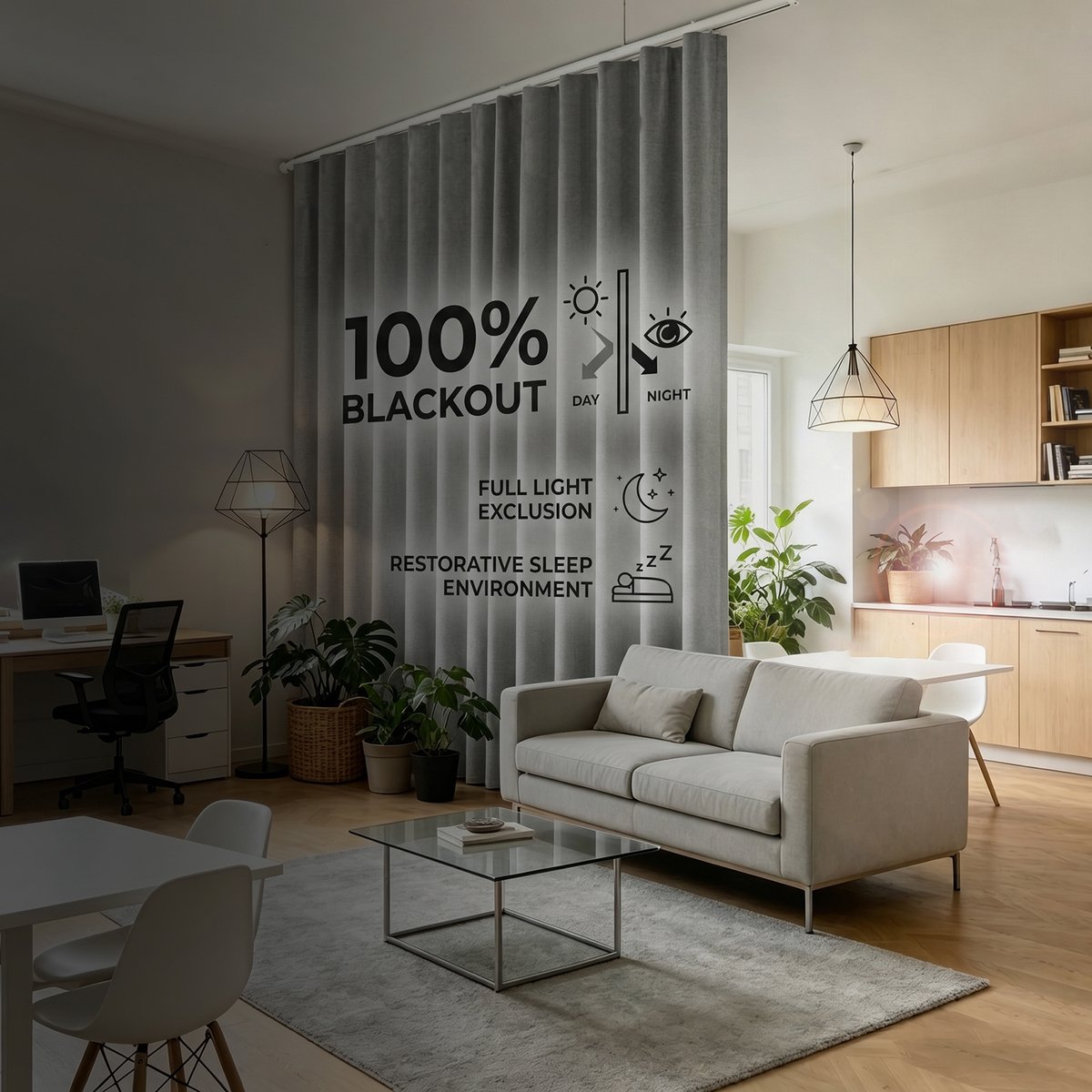Qelus Verduisterend kamerverdelergordijn met buigbare plafondrail - 1 stuk - Grijs, 254 x 214 cm - 100% polyester - voor slaapkamer, kantoor en studio