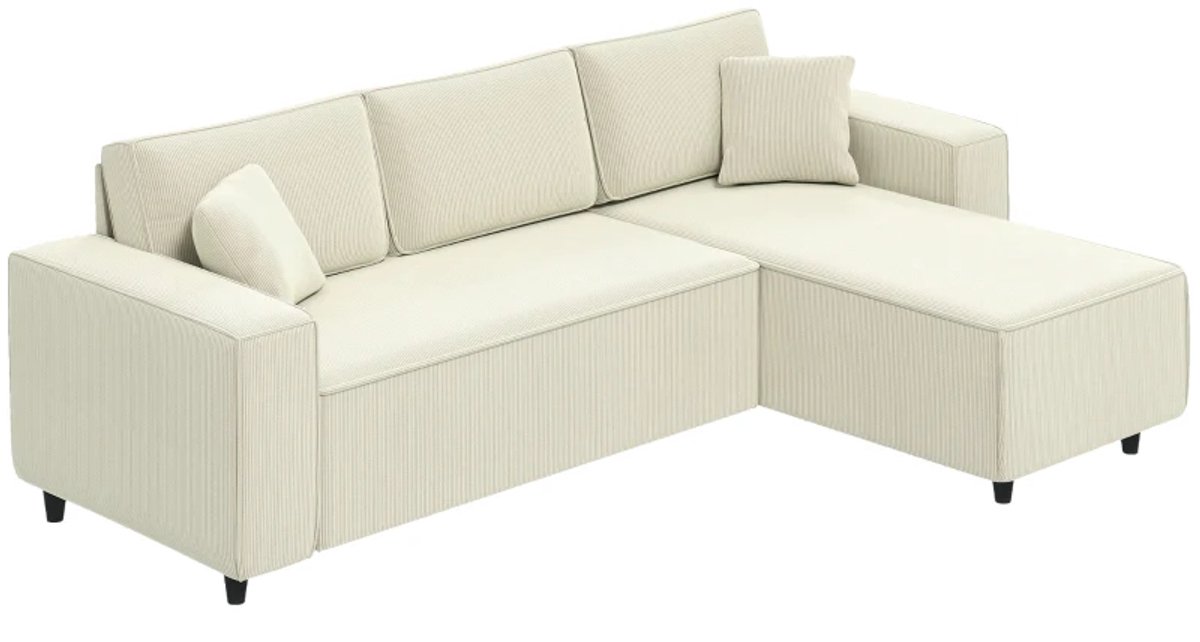 Hoekbank 3-zitsbank met Chaise Longue - Woonkamerbank met Corduroy Hoes - 2 Extra Kussens - Gestoffeerde Bank - Crèmewit