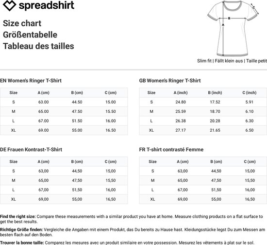 Maattabel met Ringer T-shirt maten.