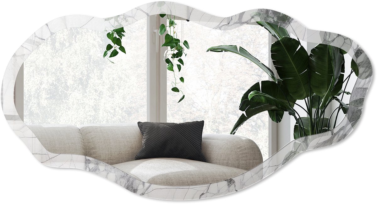 Wallfluent Marmeren Elegantie Spiegel - Wit Rechthoekige Spiegel Met Modern Design - Organische Spiegel - Woonkamer - Klassiek - 45x90 cm - Totale afmeting 52x97 cm
