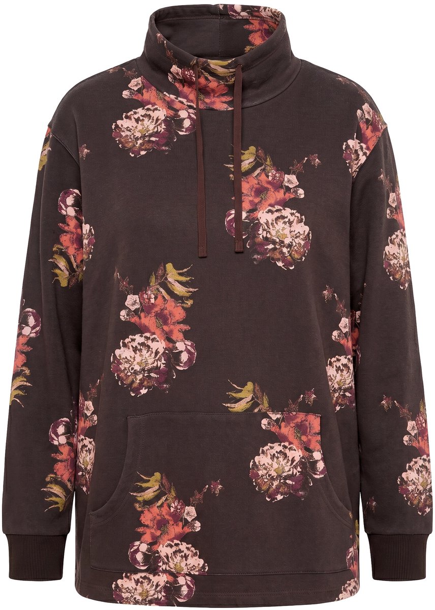 Ulla Popken - Dames - Trui bloemen A-lijn opstaande kraag lange mouwen - Mahonie - Maat 42+