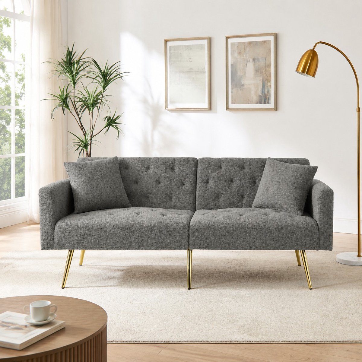 REDOM - Slaapbank - 3-traps verstelbare rugleuning - met 2 kussens en metalen poten - moderne stijl - woonkamer en klein appartement - Teddy - Grijs - 177 x 78 x 74 cm