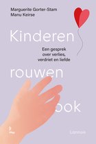 Boek "Kinderen rouwen ook" met een illustratie van een hand en een rode ballon.