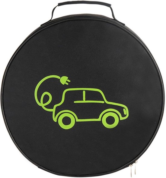 Zwarte ronde tas met groene print van een elektrische auto met stekker.