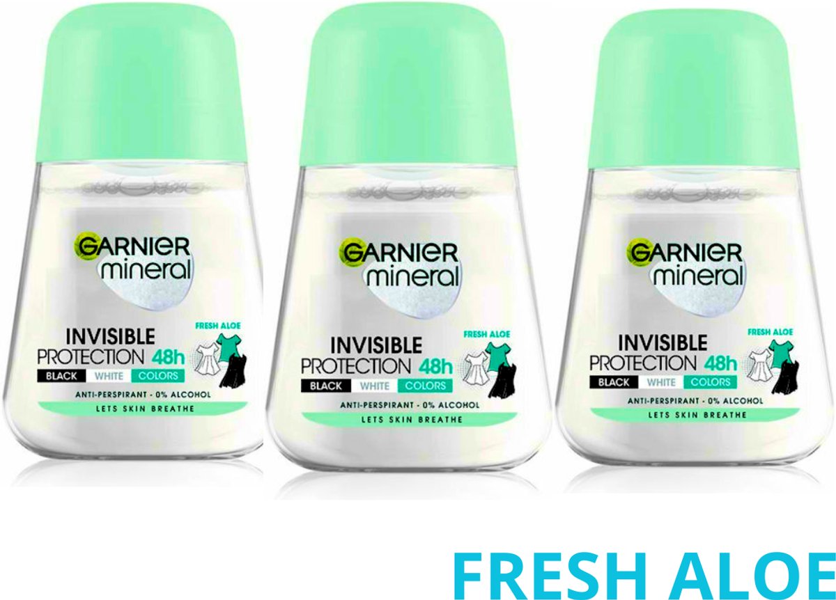 Garnier Mineral Invisible Protection Black White Color Fresh Aloe Deodorant Roll On - 3 x 50 ml