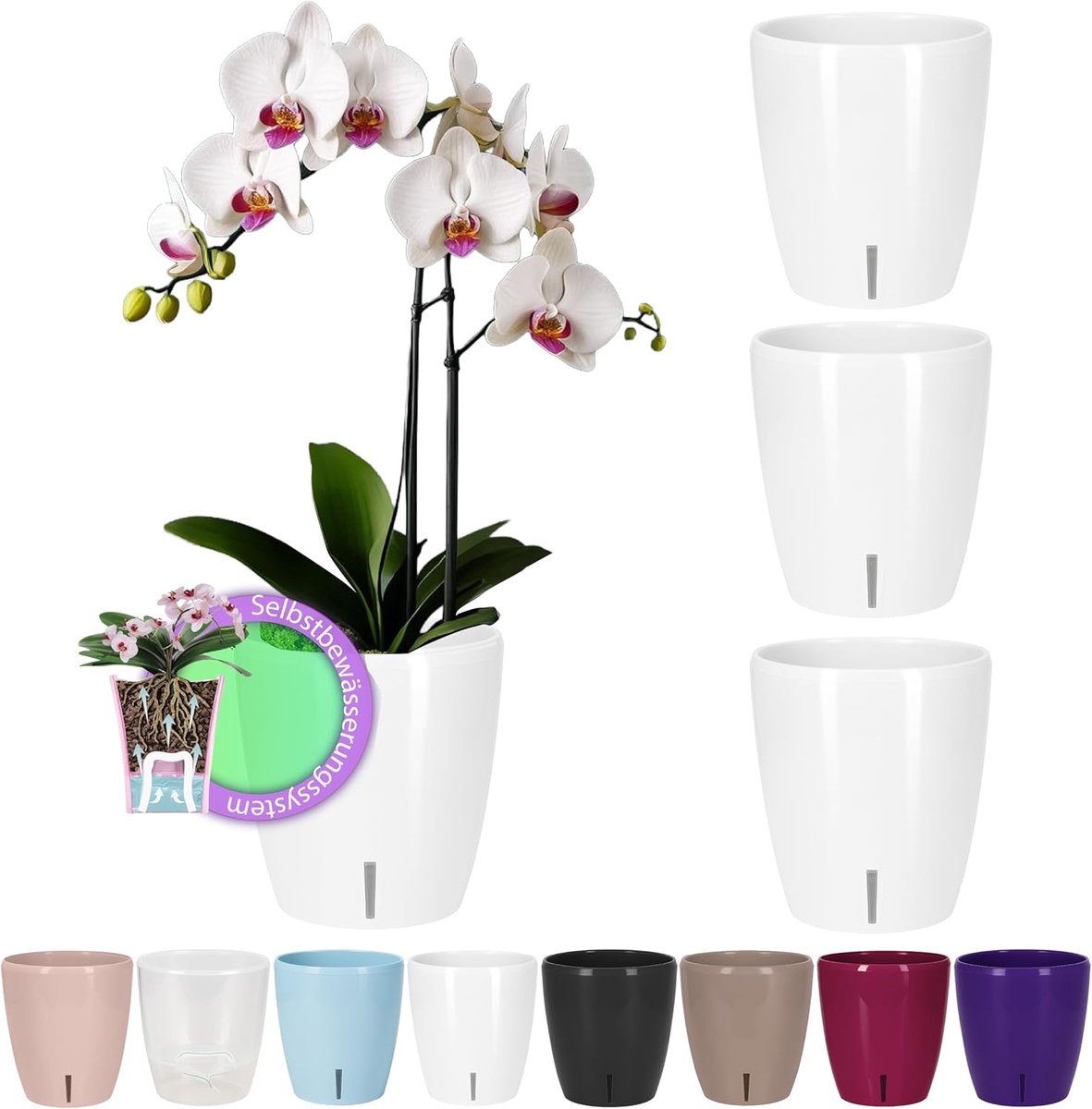 Santino Orchid Pots, Set of 4, Diameter 12 cm, Self-Watering Pot with Water Wicking System and Water Level Indicator - ShopVlot