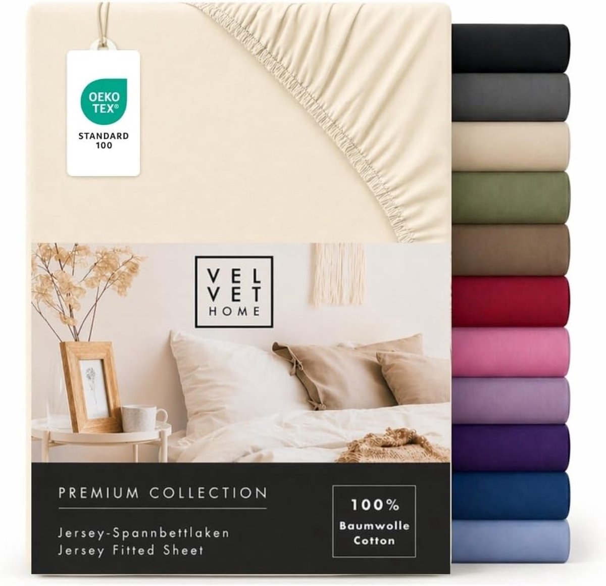 SnelShoppen - VelvetHome Hoeslaken 180 x 200 cm, 100% gekamd katoen, jersey hoeslaken voor matrassen tot 25 cm hoogte, Oeko-Tex-gecertificeerd, strijk
