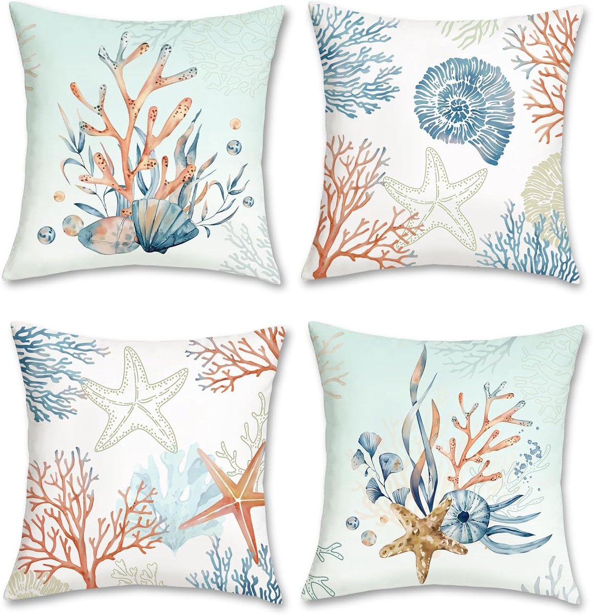SnelShoppen - Set van 4 Kussenslopen 45 x 45 cm - Koraal, Zeester, Schelpschaal, Oceaanblauw - Decoratieve Kussenhoezen voor Bank, Thuis, Patio, Stran