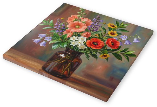 Canvas 60x60 Veldboeket met Rode Klaprozen Roze Stokrozen en Klokjesbloemen in Glazen Vaas Landelijk Bloemstilleven Schilderij Wanddecoratie Kunst Woonkamer Hal 60x60 cm