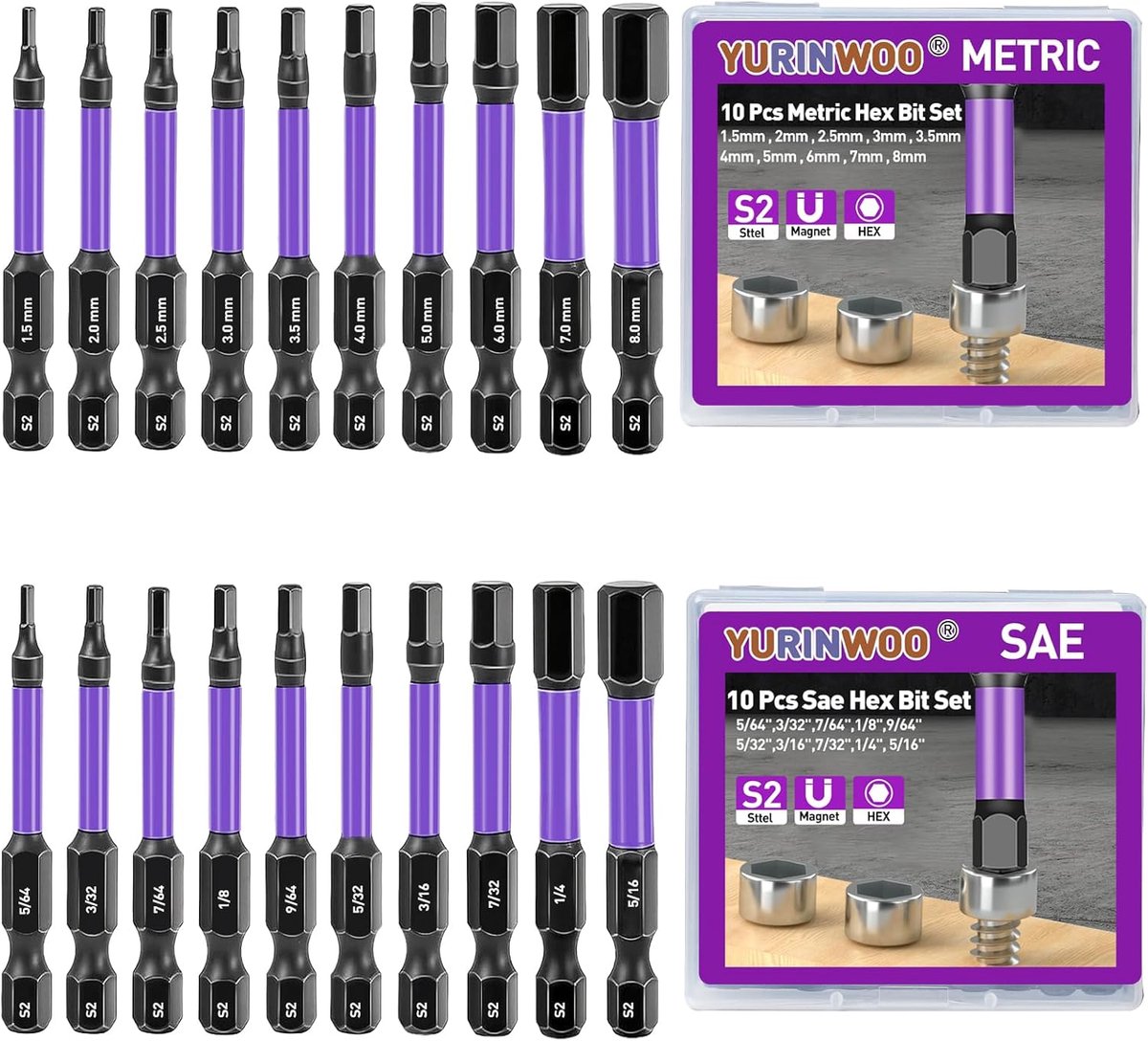 SnelShoppen - 20 x Magnetische Hexagon Schroevendraaier Bits (Metrisch en Imperiaal), Hex Schroef Bits Set voor Meubels, Huishoudelijke Apparaten, Spo