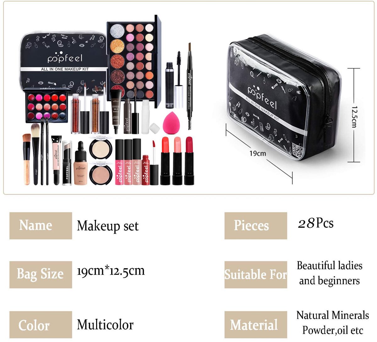 SnelShoppen - Professionele Makeup Set voor Vrouwen 28 stks/set Oogschaduwpalet Lipgloss Contour Concealer met Make-uptasje Draagbaar Reis Makeup Kit