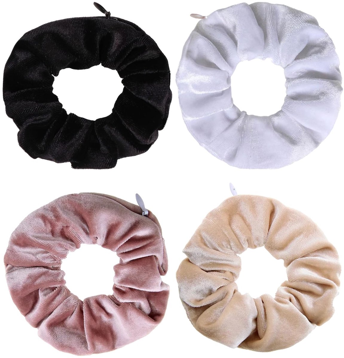 SnelShoppen - 4 Stuks Haarelastiekjes met Ritssluiting - Geldverstoppen Scrunchies - Reisgadgets voor Vrouwen - Zwart-Wit-Rijstroze - Opbergvak voor W