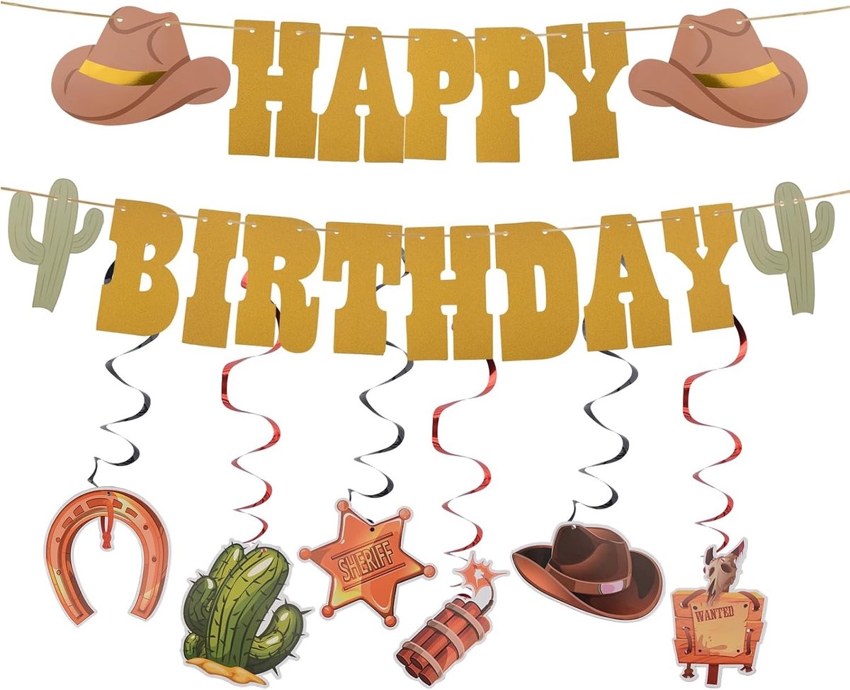 Gouden Folie Verjaardagsbanner voor Cowboy Themaparty, Versieringen voor Kinderen en Babyshowers in Wild West Stijl