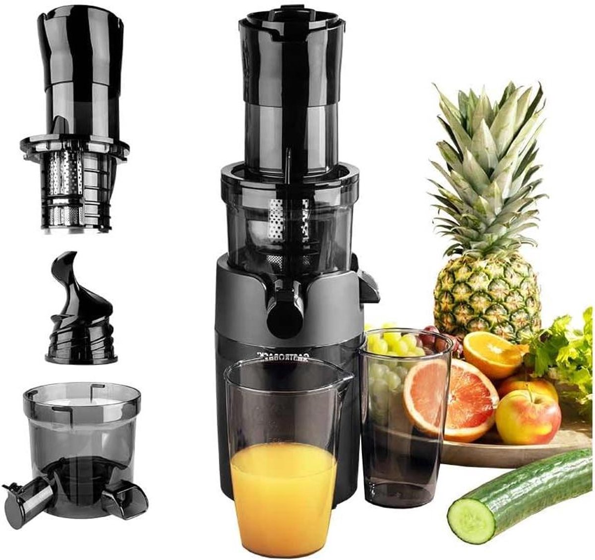 Slowjuicer - Koude pers sapmaker - Gezond sap maken - Behoud van voedingsstoffen - 8 cm vulopening - Zwart