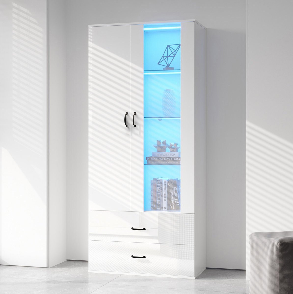 COVREO Buffetkast 59,5x35x182 cm wit, spaanplaat met LED en 2 lades