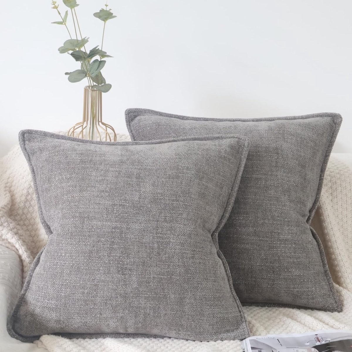 SnelShoppen - Set van 2 Grijze Kussenslopen 50 x 50 cm, Chenille, Luxe Decoratieve Kussenhoezen voor Woonkamer en Slaapkamer, Zacht Knuffelkussen