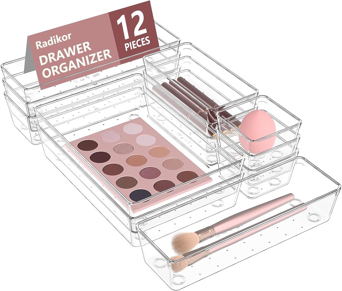 SnelShoppen - Set van 12 Transparante Kunststof Lade-Organizers, Ideaal voor Badkamer, Keuken, Kantoor en Kaptafel, 4 Maten voor Perfecte Indeling