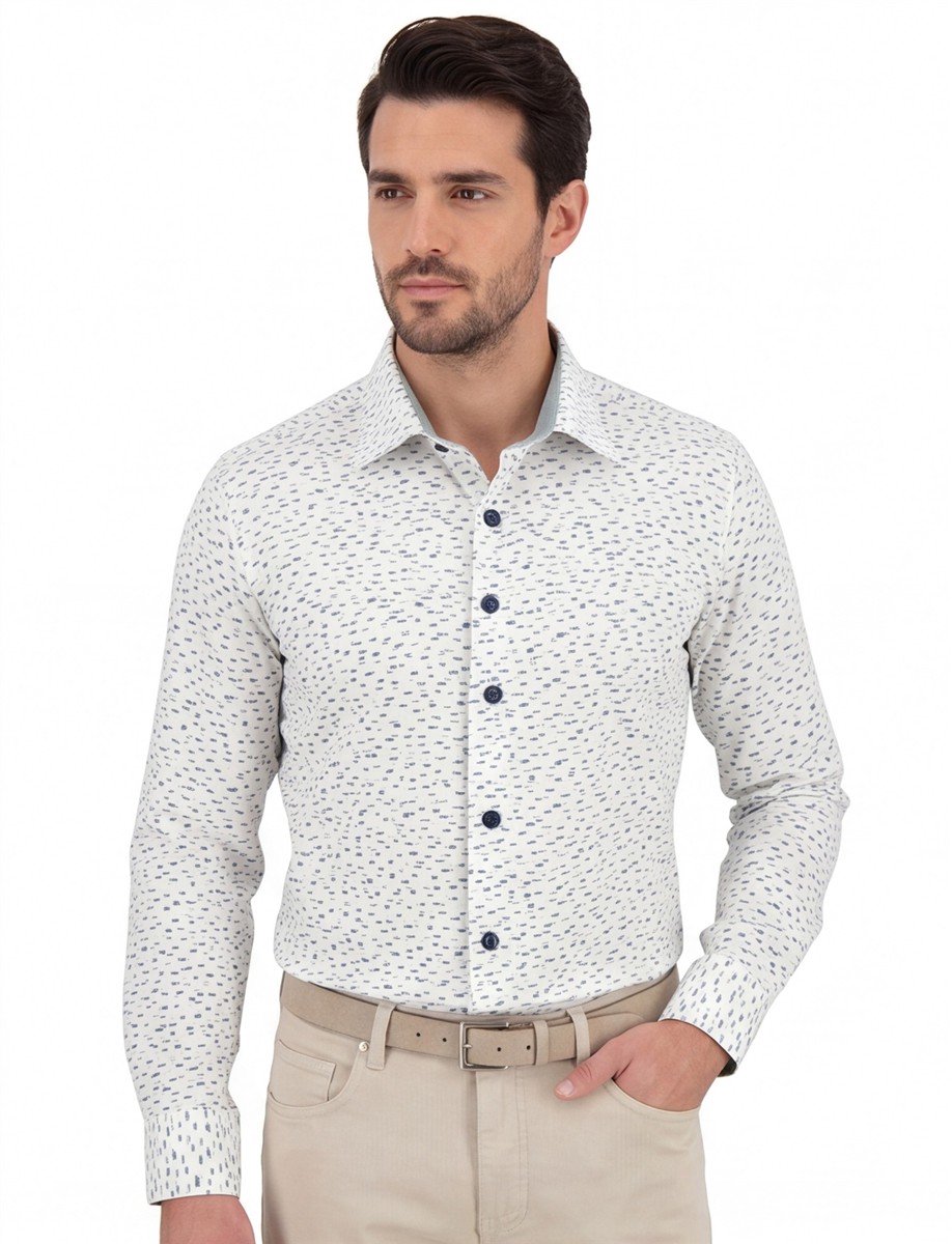 Ledub overhemd groene print Modern Fit stretch