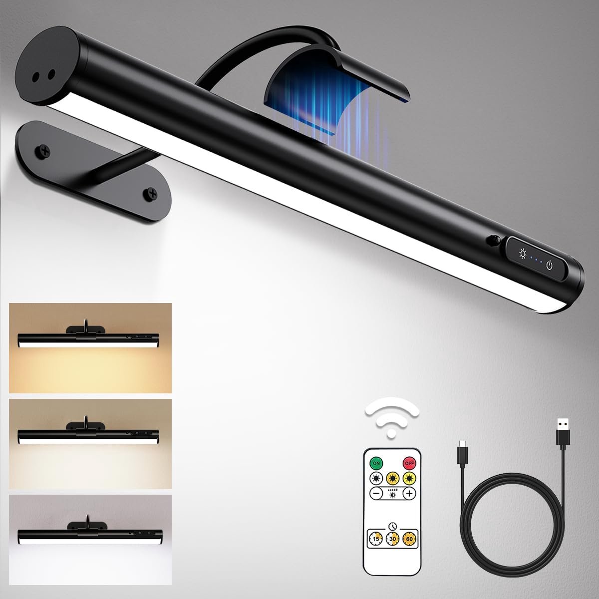 Thijox - Dimbare Led-spiegellamp Wandlamp voor Badkamer, Keuken, Make-up, Oplaadbaar en Werkt op Batterijen, Zwart, 4000 mAh Accu, Afstandsbediening m