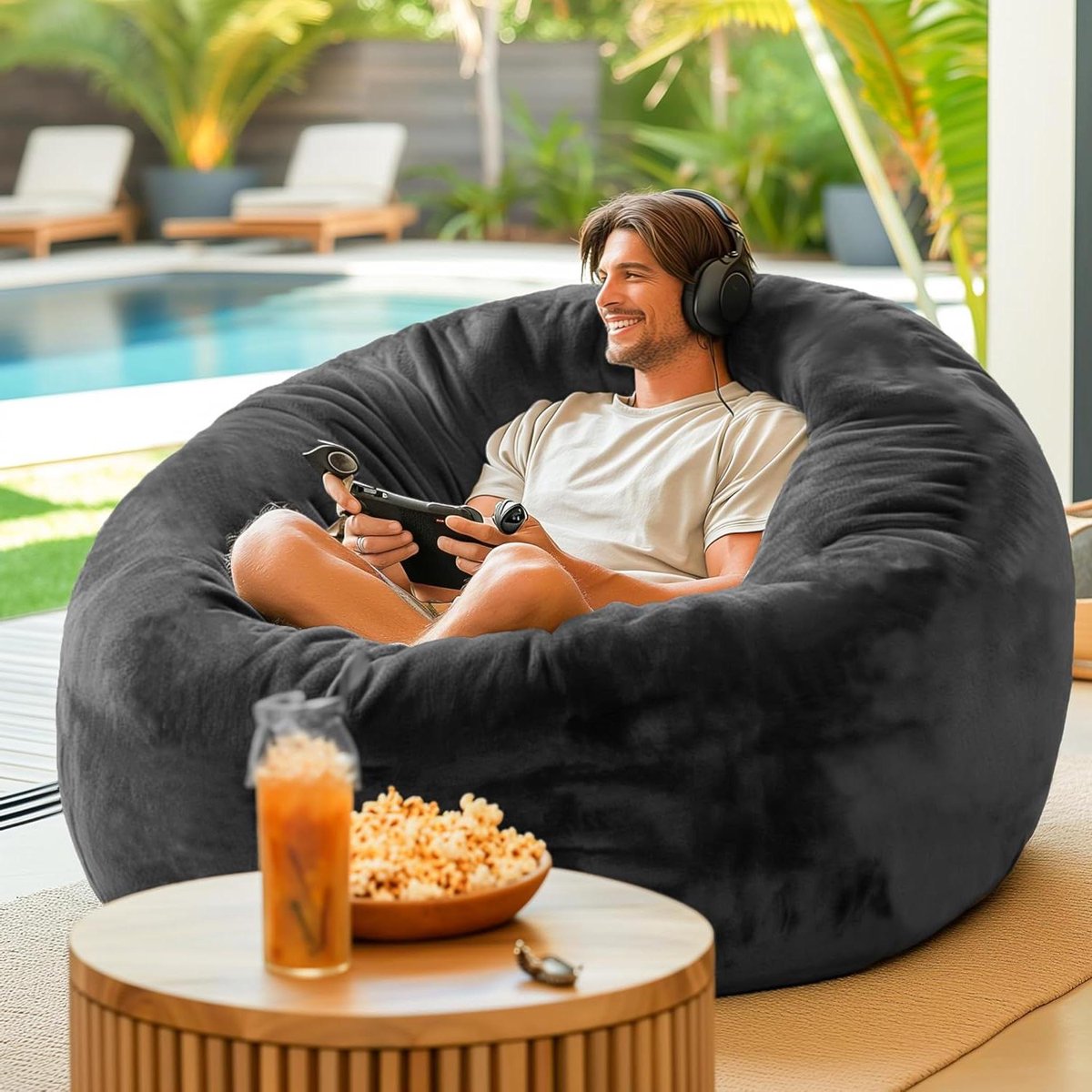 Zitzakstoel met vulling - Grote loungestoel - Comfortabel loungen - Traagschuim vulling - 12 m breed - Houtskoolgrijs