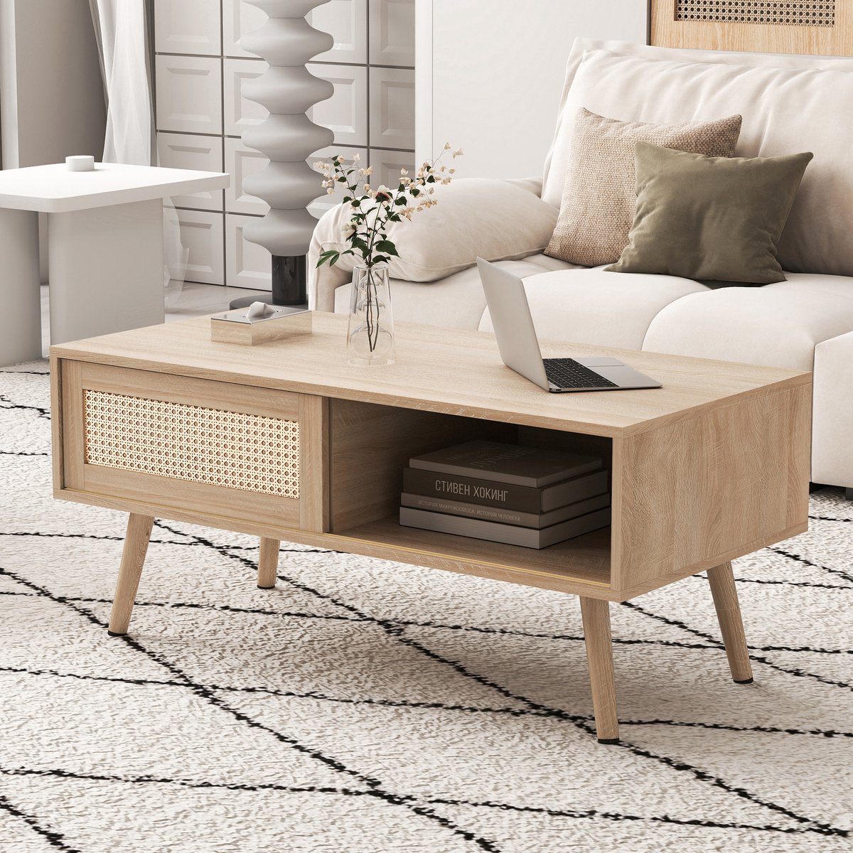 DESMIU Salontafel - Rotanlook Met Schuifdeur En Opbergruimte - Modern Voor Woonkamer En Slaapkamer - MDF En Hout - 105x55x41,5 Cm - Naturel