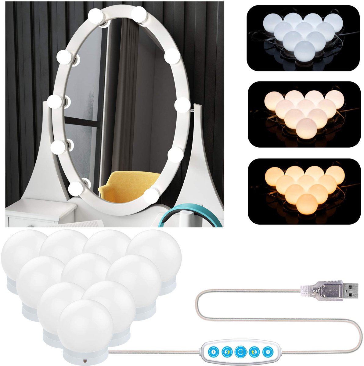 SnelShoppen - Hollywood Stijl LED Spiegelverlichting met 10 Dimbare Lampen, USB Kabel Make-up Verlichting, 3 Kleurmodi en 10 Helderheidsniveaus voor M