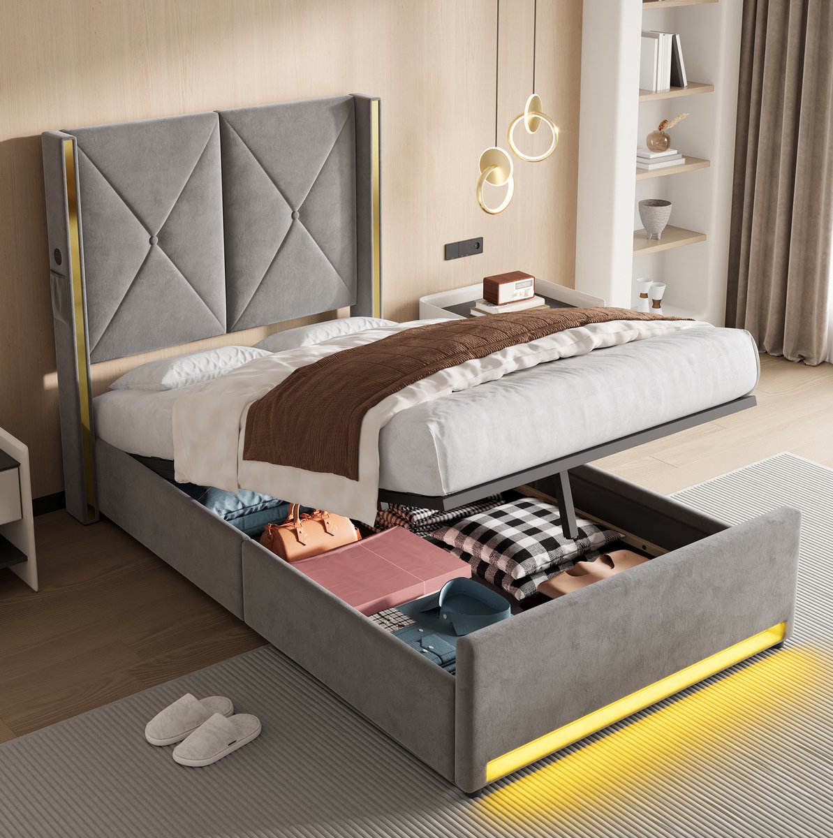 Opbergbed 90x200 cm - Velours Bed Met USB, Type C En LED - Hydraulisch Liftmechanisme - Grote Opbergruimte - Volwassenen - Donkergrijs - Zonder Matras