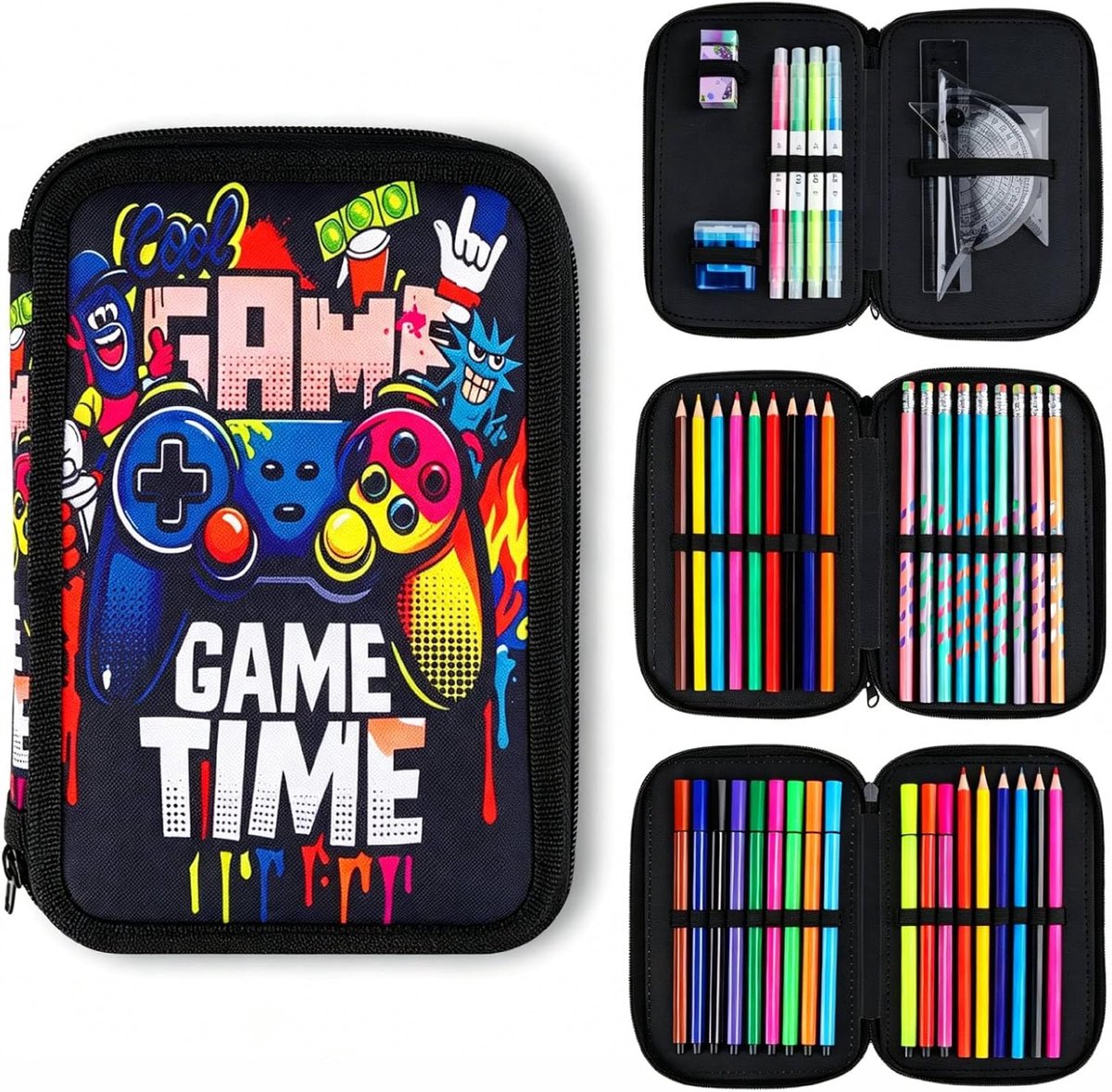 SnelShoppen - 45-delige Pennenetui met 3 Vakken - Gamecontroller Graffitidesign - Perfect voor Kinderen, School, Kantoor, Kleurpotloden, Viltstiften,