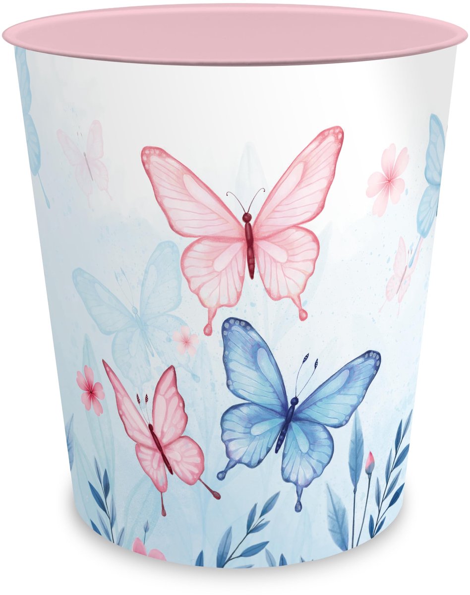 SnelShoppen - Prullenbak met Vlinder Motief - Elara - Rond - 11 Liter - Stevige Kunststof - Ideaal voor Kinderkamer en Kantoor - Decoratieve Afvalbak