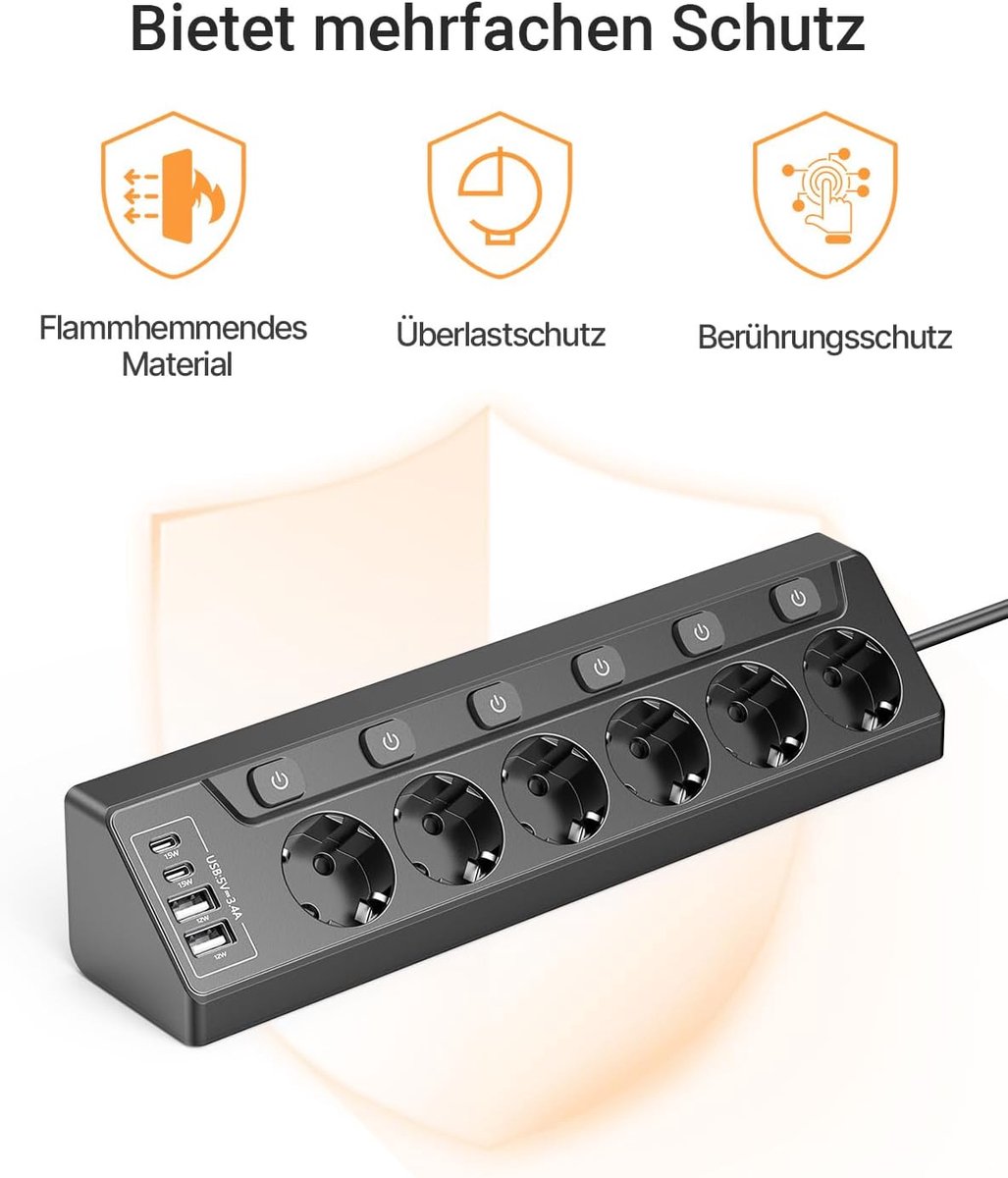 SnelShoppen - Hoekcontactdoos 6-voudig met 4 USB (2 x USB-C + 2 x USB-A), afzonderlijk schakelbaar, overspanningsbeveiliging, aanraakbeveiliging, 2 m