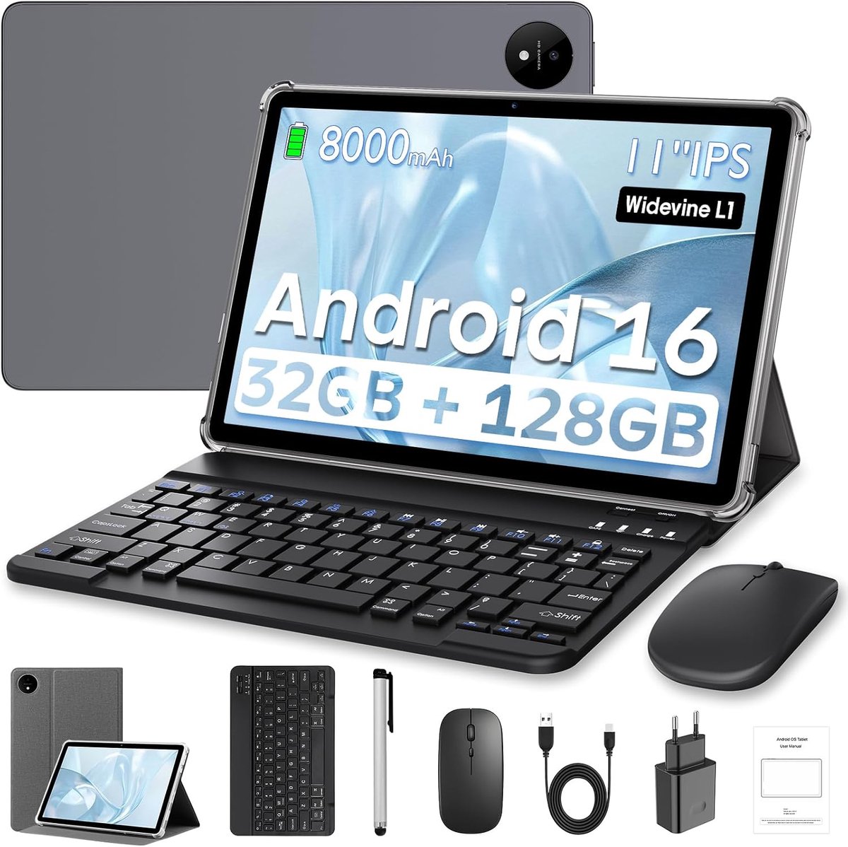 SnelShoppen - 11 Inch Android 16 Tablet met Toetsenbord, Octa-Core 7250, 32GB RAM, 128GB Opslag, 1TB TF, 1920x1200 FHD, 8000mAh Batterij, GPS, Face ID