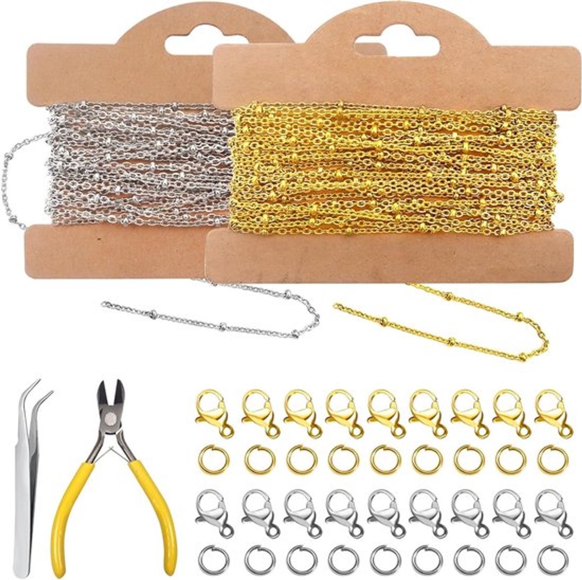 10 meter RVS Ketting in Goud en Zilver, 2mm Dikte met 20 Karabijnsluitingen en 100 Verbindingsringen voor Sieraden, Armbanden en Creaties