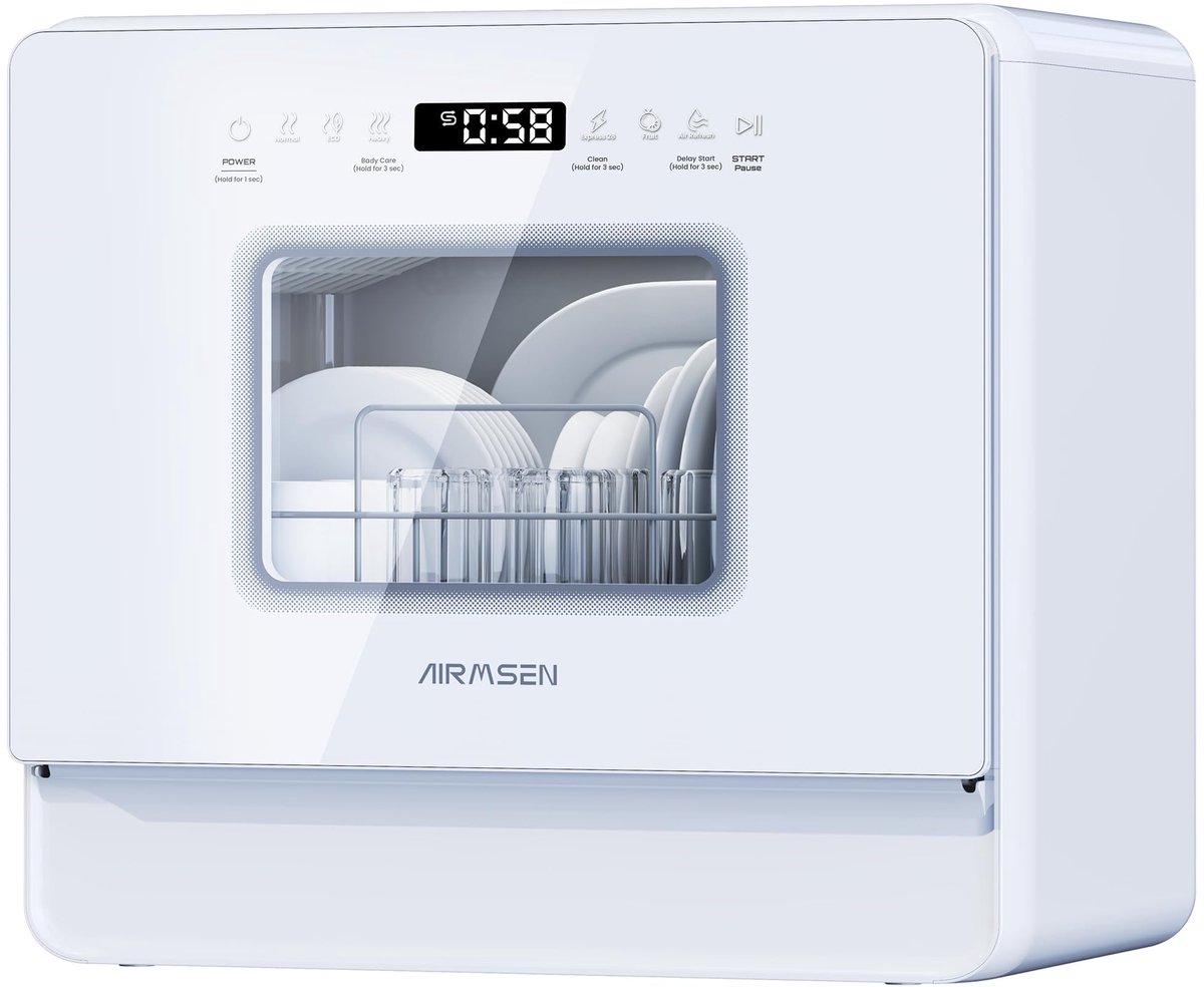 SnelShoppen - AIRMSEN Mini Tafelvaatwasser met Wateronthardingssysteem, 7+2 Programma's, 5 Liter Watertank, Compact voor Appartementen en Campers, Wit