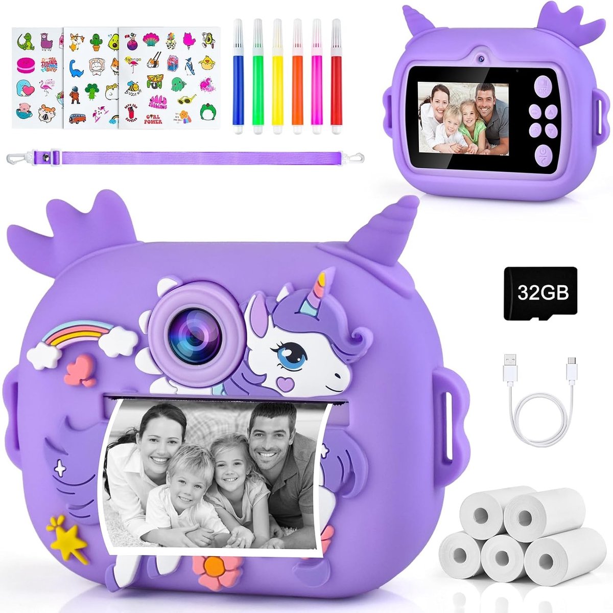 Leuke Instant Camera voor Kinderen met 5 Rollen Thermisch Papier - Perfect Cadeau voor Meisjes van 3-11 Jaar, Directe Afdrukken en Creatieve Spelletjes