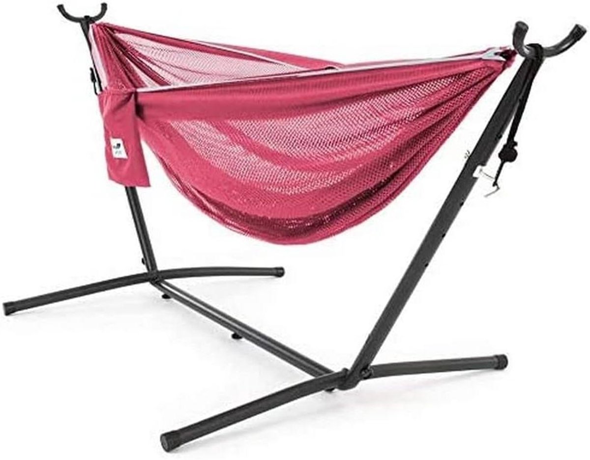 Hangmat met standaard - Netstof hangmat - Ontspannen buiten - Snelle montage - 280 cm - Roze/Celeste