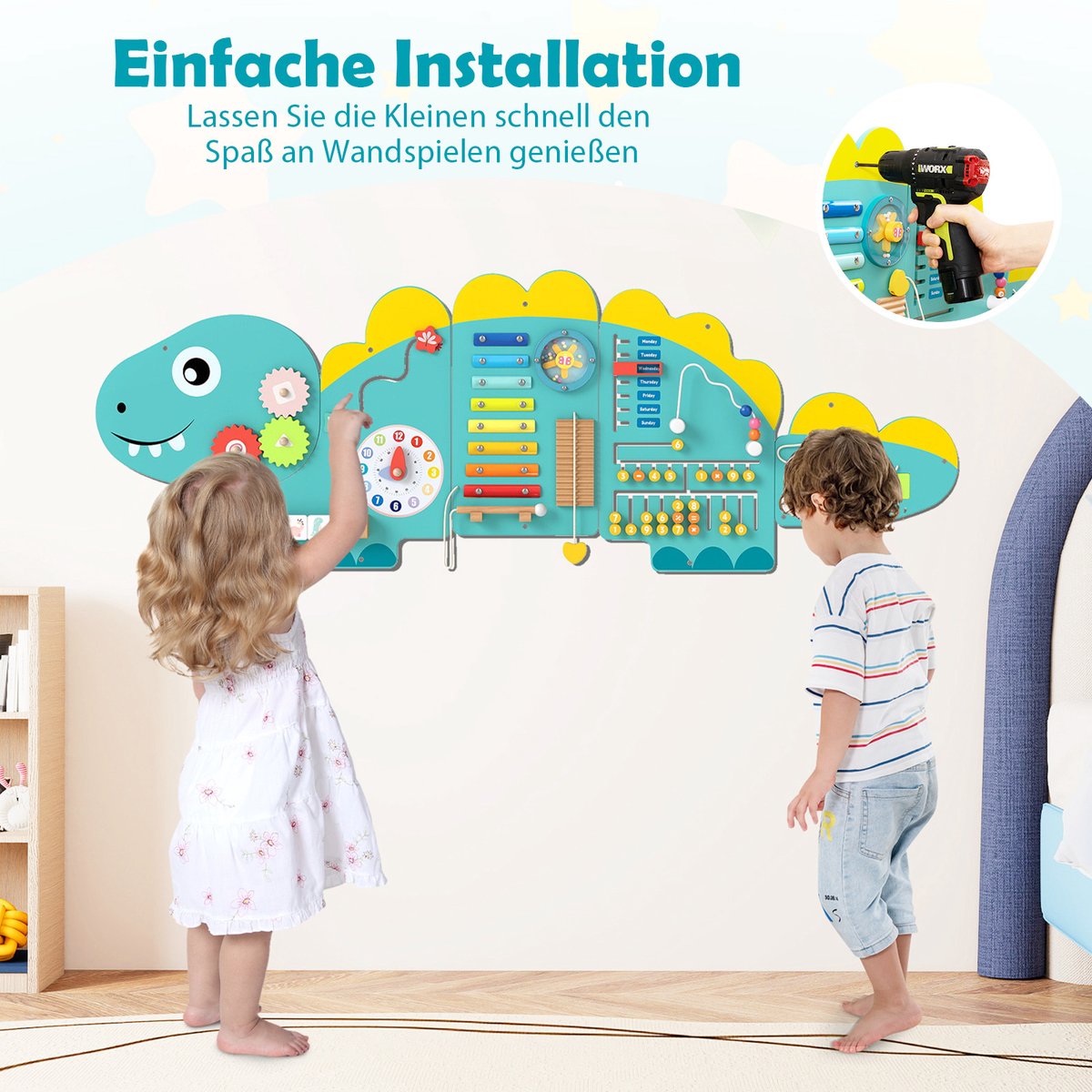 COSTWAY Montessori Motorikbord, 11-in-1 Busy Board Hout met Blokken & Xylofoon & Telraam, Montessori Speelgoed, Motoriekbord voor Kinderen vanaf 1 jaar (Groen)