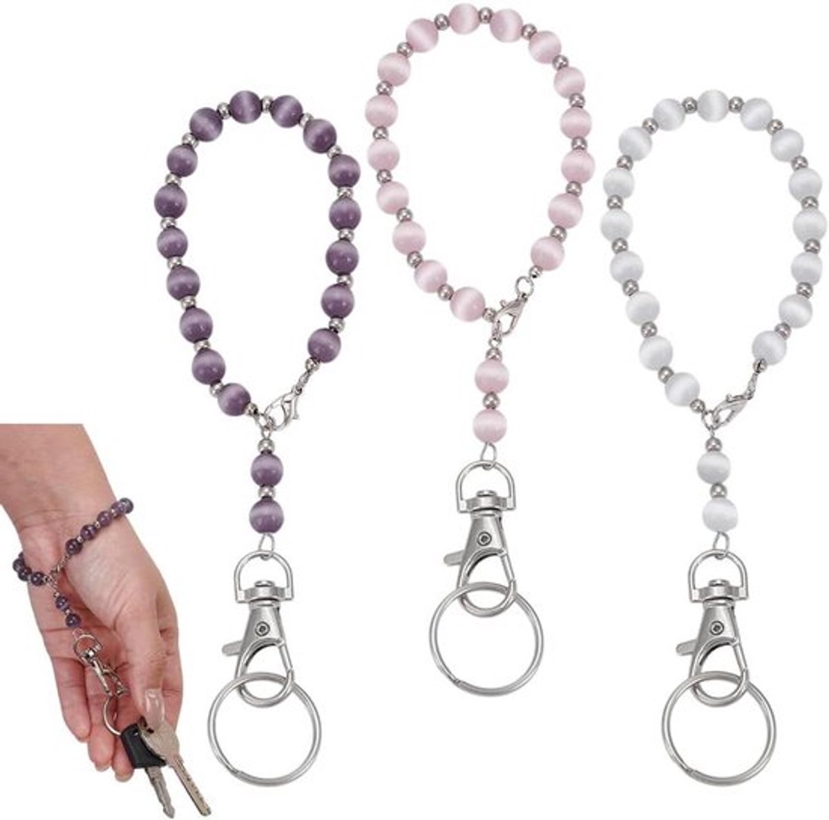 Set van 3 parelpolsbanden met telefoonhanger - Lange sleutelhanger met kattenoogparels in Misty Rose, Indigo en wit - Inclusief draaibare karabijnsluitingen - Metalen ringenarmband