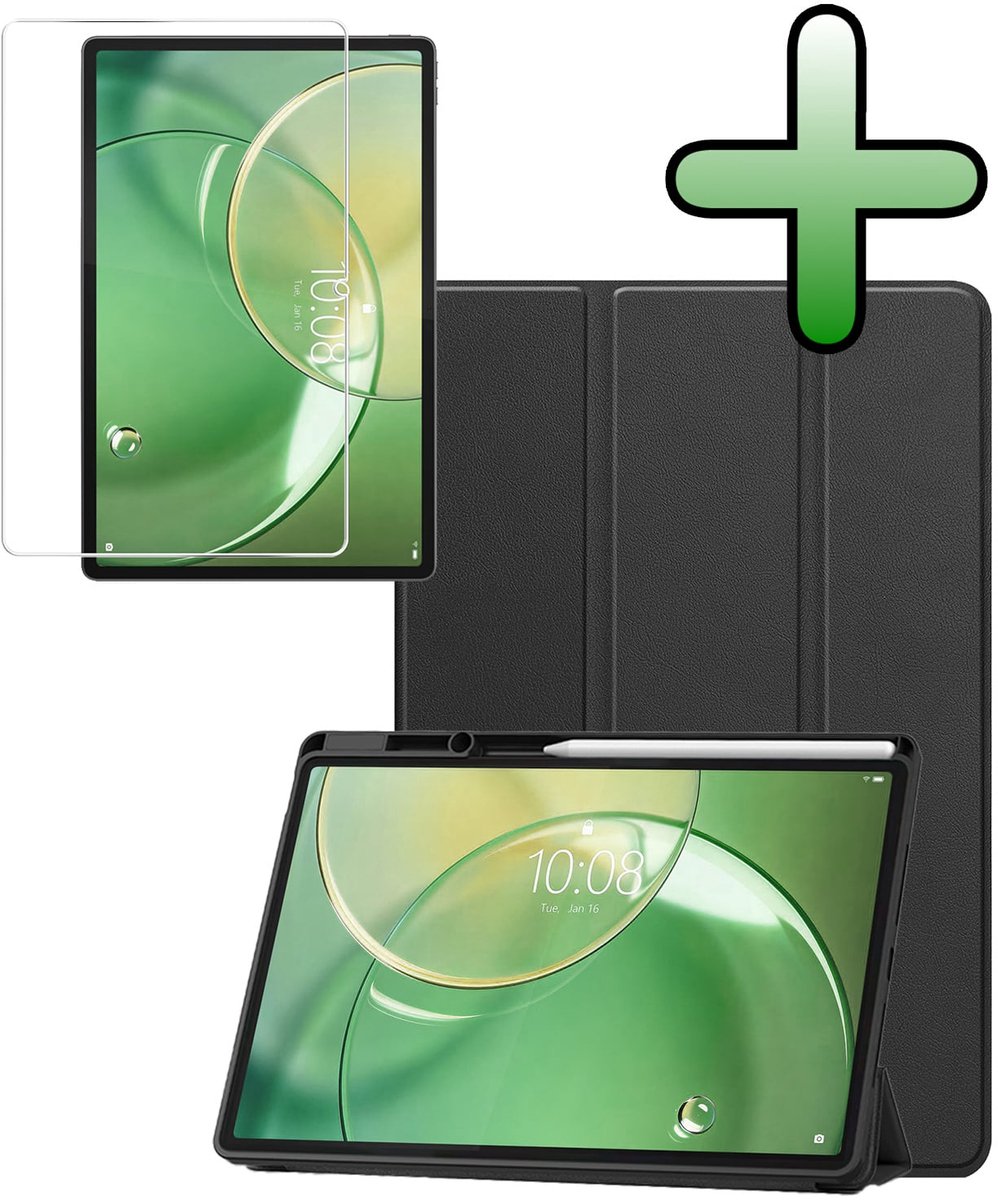 Hoesje Geschikt voor Lenovo Idea Tab Pro Gen 2 - Met Screenprotector - Trifold Bookcase - Hard Cover Case - Met Uitsparing Geschikt voor Lenovo Pen - Hardcover Book - Tablet Hoes - Zwart