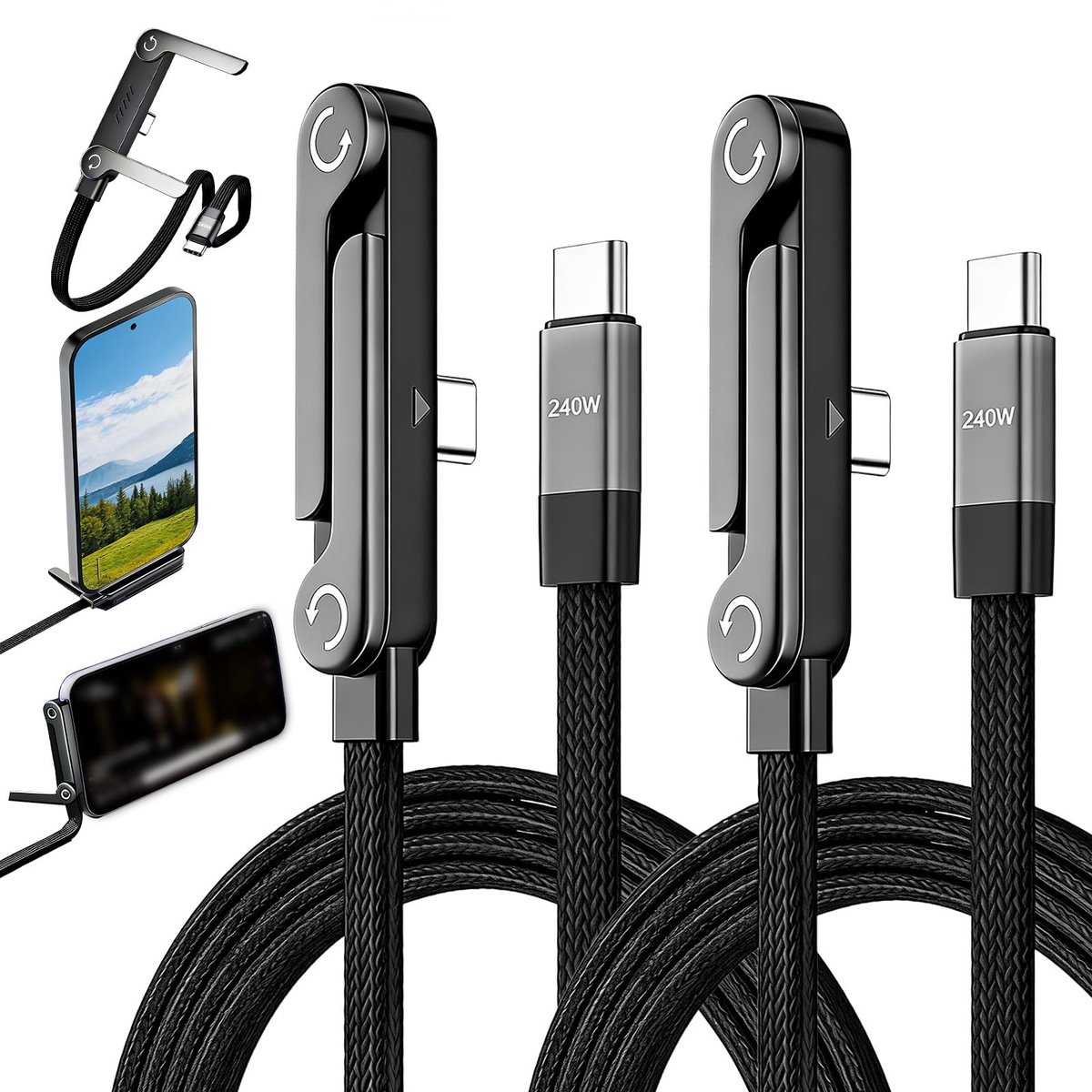 SnelShoppen - 2 stuks USB C-oplaadkabel 240W met 90 graden hoekstekker, 1,5 m snellaadkabel, 2-in-1 gaming-datakabel voor smartphones, tablets, laptop