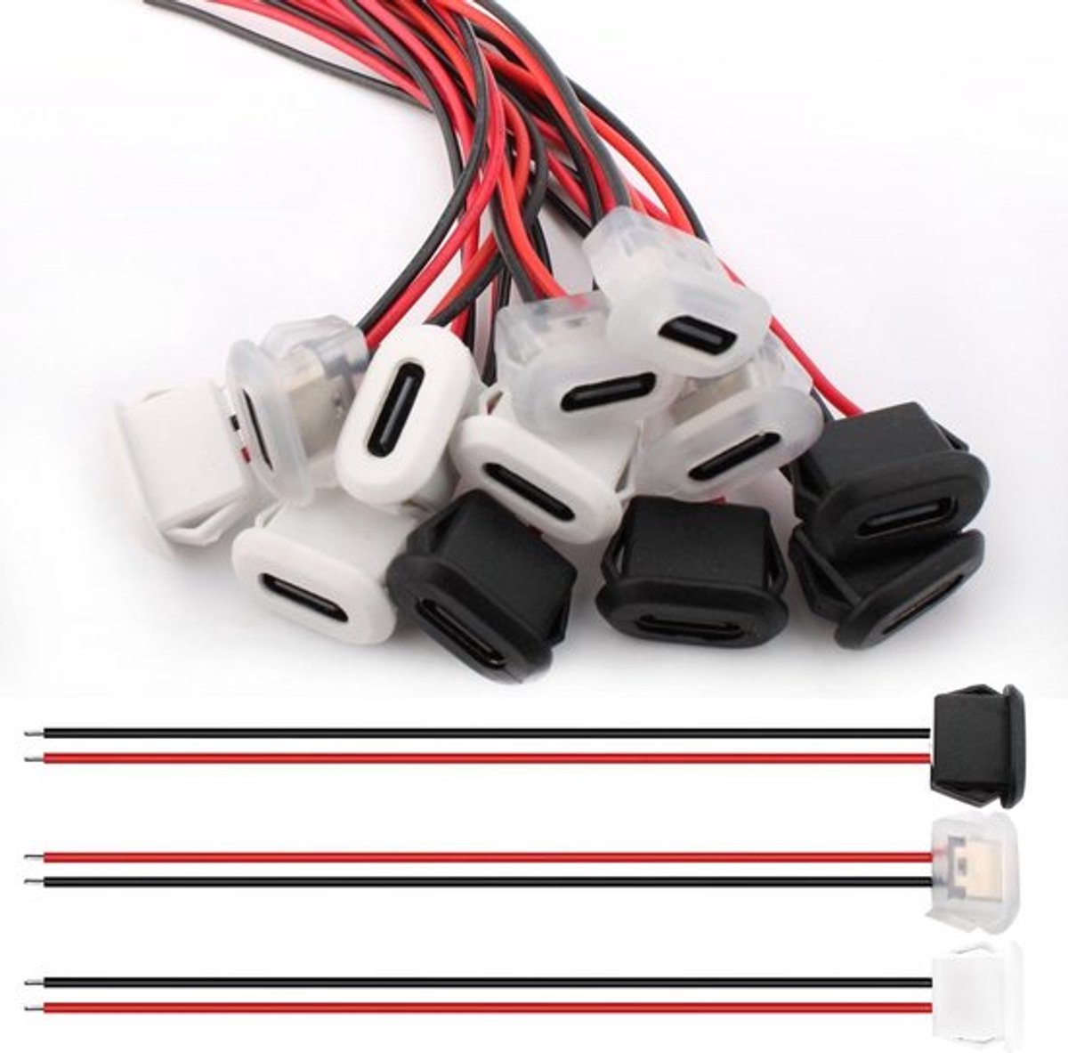 USB Type C connector met klikfunctie en 3A solderen - 12 stuks, inbouwconnector met 2 draden voor paneelmontage.