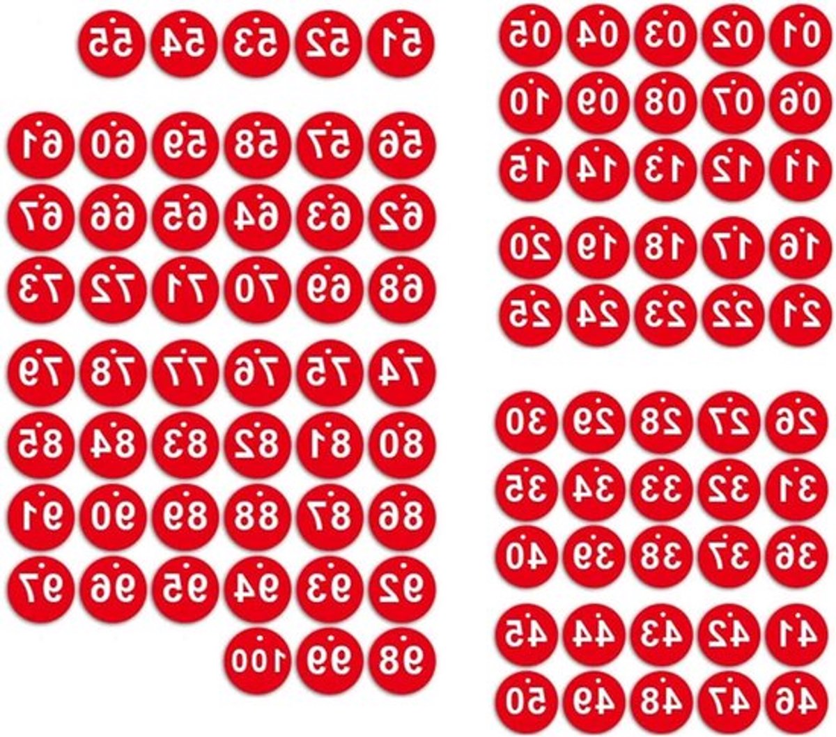 Gegraveerde schijven voor tafelnummers en lockers, ID-tags voor hotels, supermarktkluisjes en slaapzaal sleutels - Rood (Nummer 1-100)