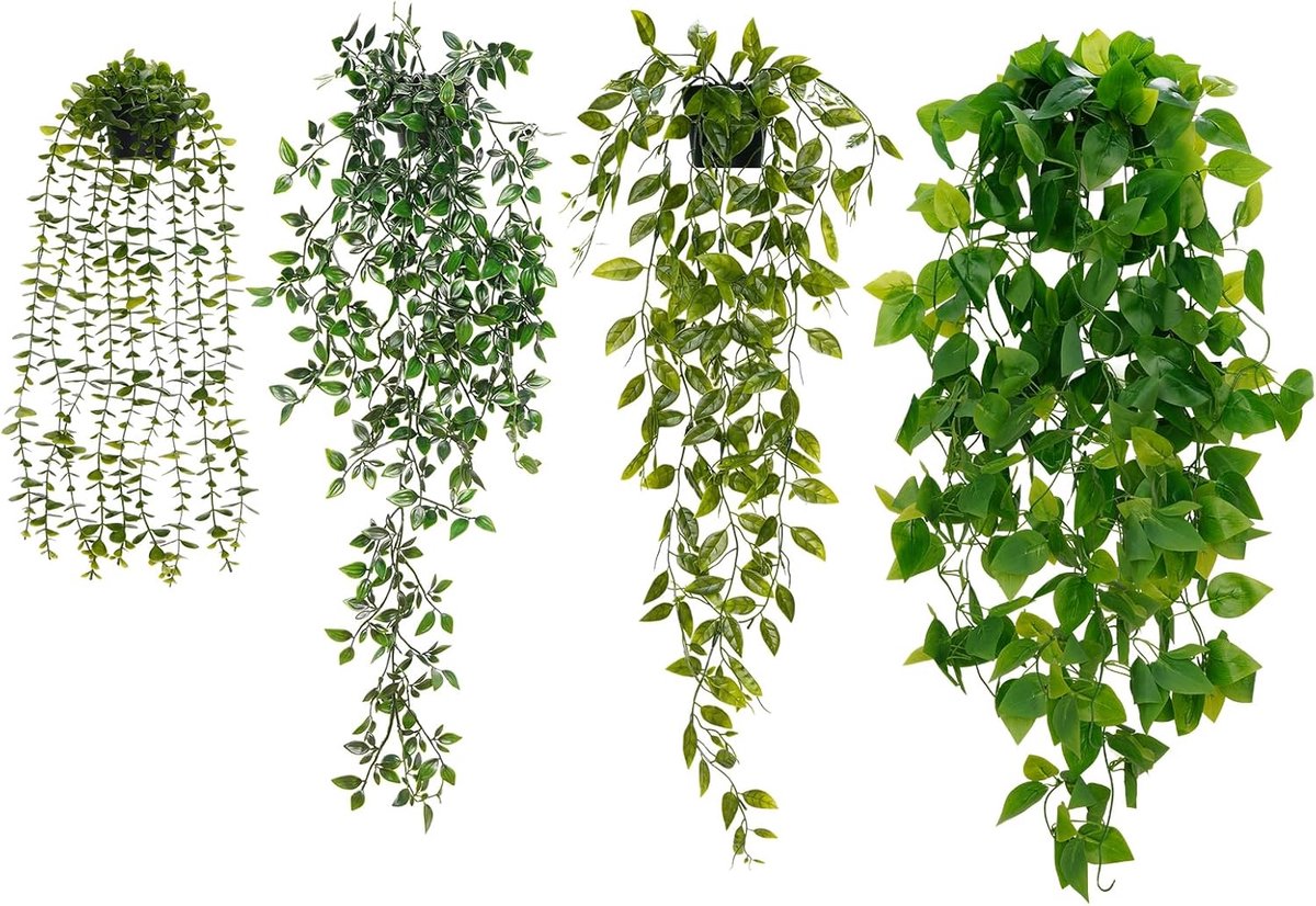 4 Stuks Hangende Kunstplanten Set - Kunstplant – Kunst Hangplant - UV Bestendig - Kunst Hangplanten - Realistische Kunstplanten - - Voor binnen| buiten - Voor Woonkamer, Badkamer, Keuken, Wandplank, Balkon & Woondecoratie