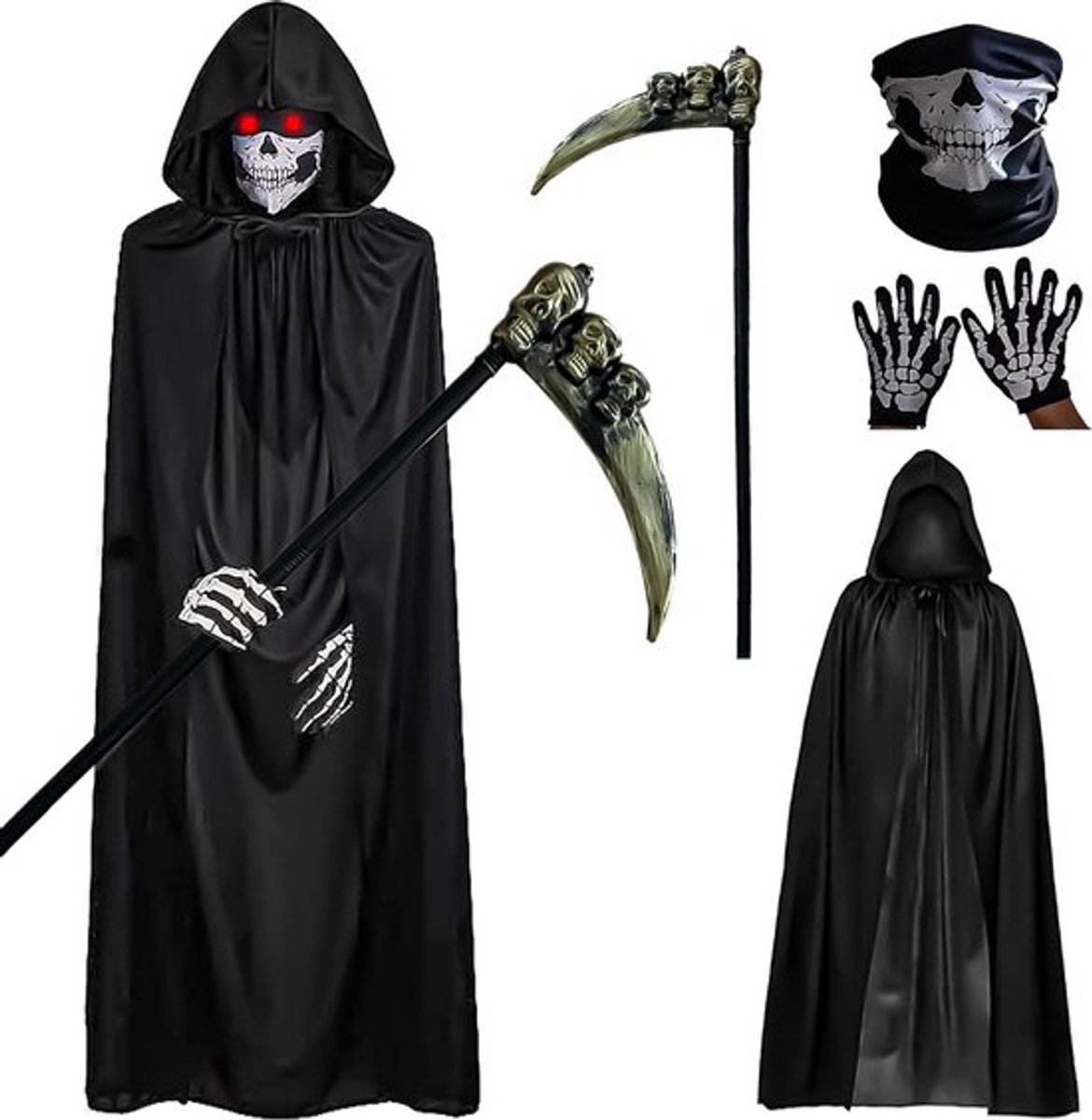 Manlijk Halloween Kostuum met Doodskopmasker, Sythman Cape en Cosplay Accessoires voor Feestjes