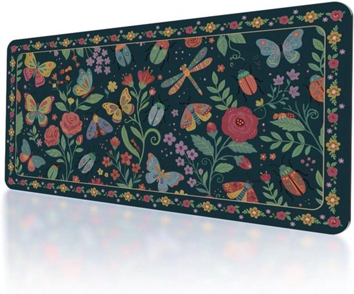 Grote antislip gaming muismat met libelle en vlinder in donkergroen voor computer en laptop, waterdicht en perfect voor thuiskantoor, 80 x 40 cm