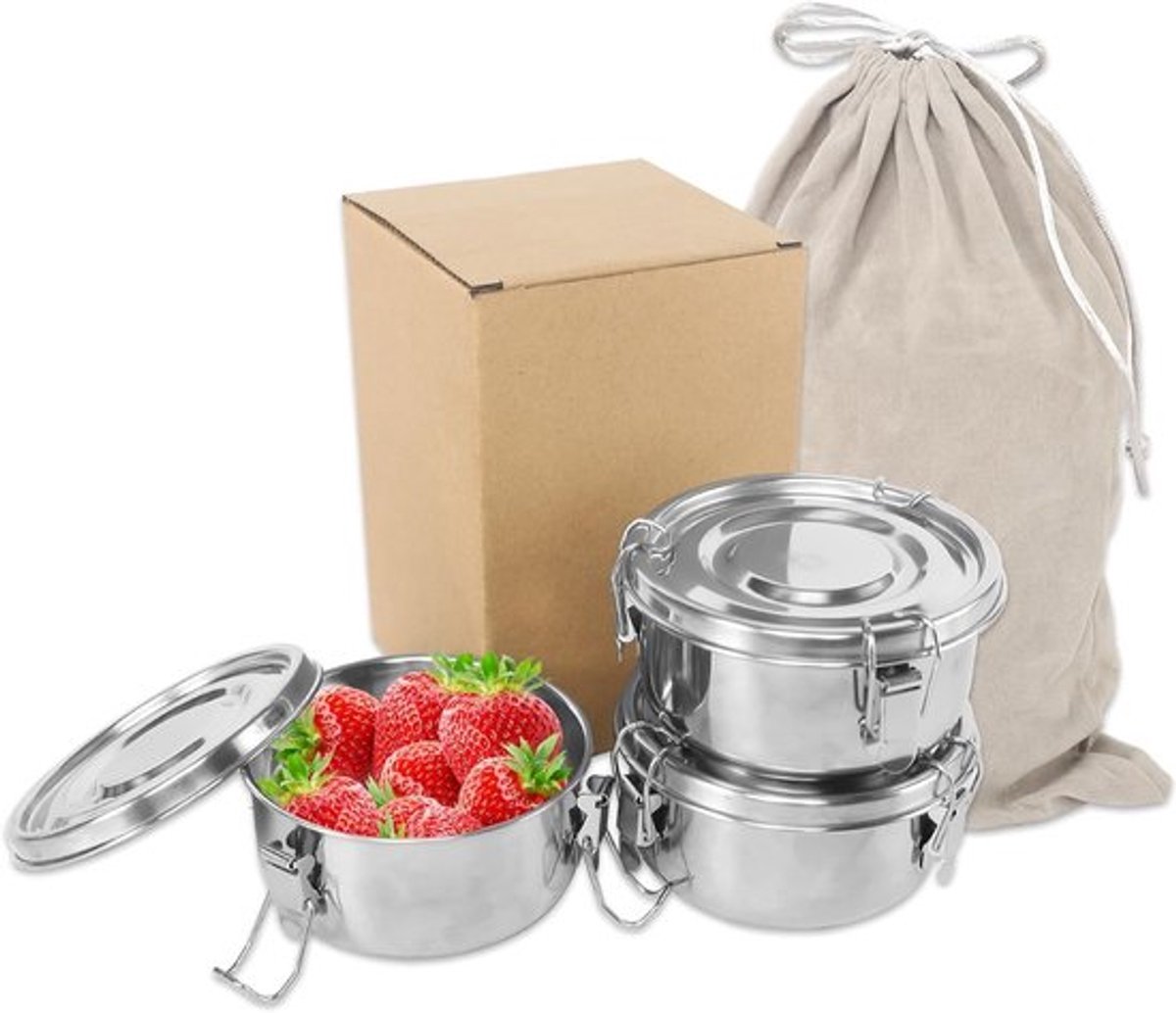 RVS Lunchbox Set van 3 voor Volwassenen, Lekvrije Voedselcontainers met Opbergtas, Ideaal voor Snacks en Fruit
